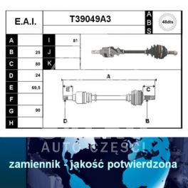 półoś Peugeot 306 1,8 XU lewy ABS 48 - francuska regeneracja E.A.I.