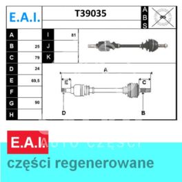 półoś Peugeot 309 1,9GTi/TD lewa - francuska regeneracja E.A.I.