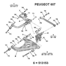 silentblock - tulejka wahacza Peugeot 605 tył górny przedni (oryginał Peugeot)
