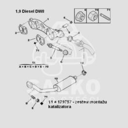 zestaw mocujący kolektor/katalizator Citroen, Peugeot 1,9D DW8 (oryginał Citroen)
