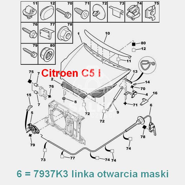 linka otwierania maski Citroen C5 I (oryginał Citroen)