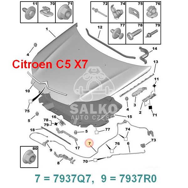 linka otwierania maski Citroen C5 III X7 szary uchwyt