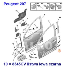 listwa drzwi Peugeot 207 lewy przód - czarna (oryginał Peugeot)